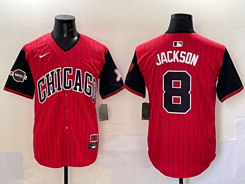 Men Chicago White Sox 8 Jackson Red Stripe Joint Name Nike 2025 MLB Jersey style 5